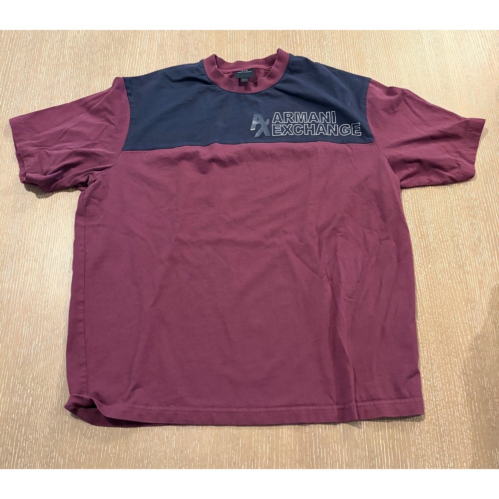 Armani Exchange Men's Large Burgundy Navy Colorblock Logo T-Shirt A|X